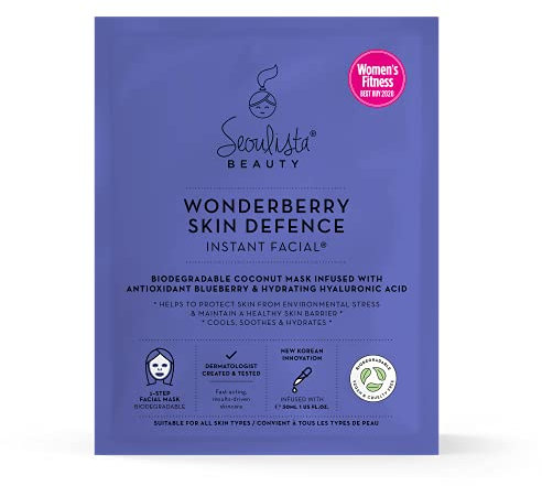 Seoulista Beauty® Wonderberry Skin Defence Instant Facial™ 30ml | Skin Protecting Face Sheet Mask for Dry Skin | Dermatologist Created Korean Skin Care | Infused with Pomegranate and Hyaluronic Acid