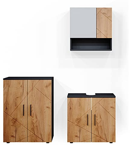 Vicco Badmöbel-Set Irma, Goldkraft Eiche/Anthrazit, 80 cm, besteht aus Waschbeckenunterschrank, Spiegelschrank und Midischrank