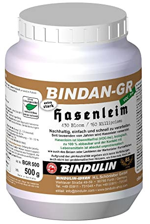 Holzleim Bindan Hasenleim Glutinleim 500 g biologisch, zu 100% abbaubar ohne Konservierungsmittel inkl. Leimpsachtel und Pinsel von E-Com24 (Hasenleim 500 gr.)