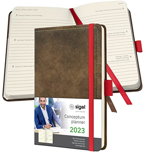 SIGEL C2356 Terminplaner Wochenkalender 2023 - Vintage Design - Lederoptik - ca. A6 - braun - Hardcover - 176 Seiten - Gummiband, Stiftschlaufe, Archivtasche - PEFC-zertifiziert - Conceptum