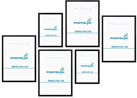 PHOTOLINI schwarze Bilderrahmen Set verschiedene Größen, 6 Bilderrahmen schwarz Holz MDF, Bilder Rahmen mit Acrylglas, No.8 Bilderrahmenset zum Aufhängen, Fotorahmen Set mit Zubehör für Fotos, Poster