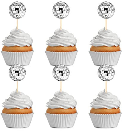 24 Pcs Disco Ball Cupcake Toppers Mini Dancing Cake Decorations for 1970s Birthday New Year Theme Party