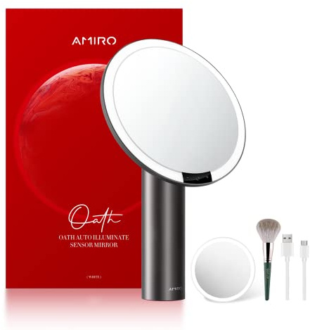 AMIRO Specchio da trucco illuminato da 9 con luci, sensore intelligente e controllo tattile, 3 colori e 6 luminosità Specchio da trucco HD, funzione di memoria, rotazione libera, Nero