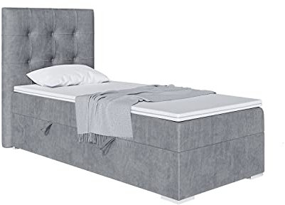 MEBLINI Boxspringbett mit Bettkasten - Gepolstert Einzelbett mit Matratze und Topper - Polsterbett mit Stauraum - Bett mit Kopfteil - Stauraumbett - Deniz - 90x200 Rechts - H4/Grau Samt