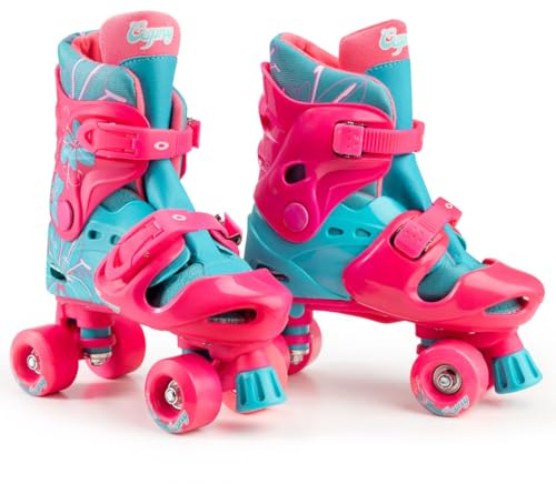 Osprey Roller Skates | for Girls and Boys, Kids Beginners, Adjustable Sizing Quad, 4 Wheel, Durable Safe-Lock Straps, Flower, Multiple Designs, Pink/Teal, UK 1-4