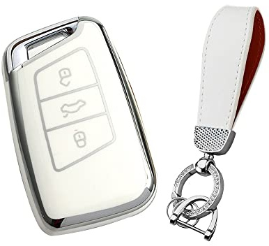 KUNIO Smart Autoschlüssel Hülle Passt für VW Magotan Passat B8 Tiguan MK2 Jetta für Skoda Superb A7 Kodiaq Zubehör TPU Schlüsselbund Schlüsselanhänger Schutzhülle Cover 3 Tasten Weiß