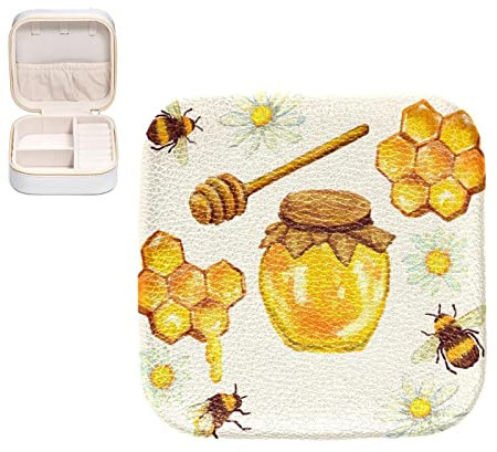 RODAILYCAY Pot à miel avec boîte à bijoux en nid d'abeille pour femmes et filles, mini étui de voyage portable, support de rangement pour bijoux en cuir synthétique