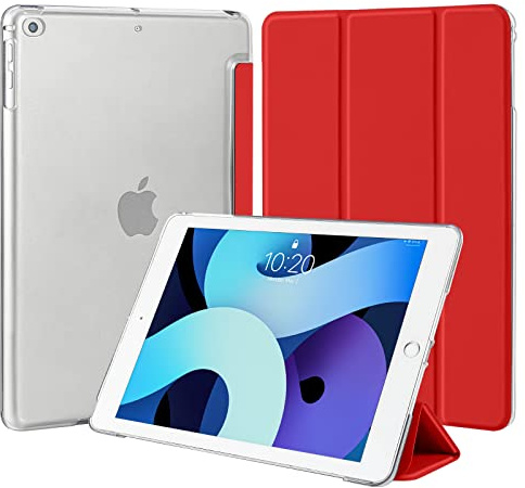 4UBonLife Hülle für iPad 6./5. Generation 9,7 Zoll 2018 2017, auch für iPad Air 1/2, Schlanke Ständer Schutzhülle mit Hart PC Transluzente Rückseite Schale, Stoßfeste Smart Case Cover, Rot