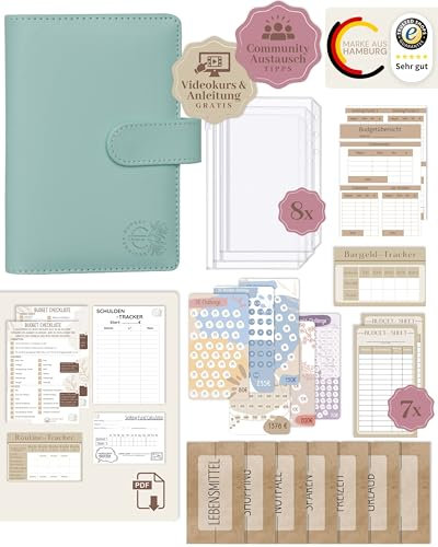 BeginnerBudget® Budget Planner Deutsch - Starterset mit Sparchallenge Budgetplaner - Sparen mit Umschlagmethode + Anleitung - Ringbuch - Binder A6 Glattleder-Style (Hellblau)