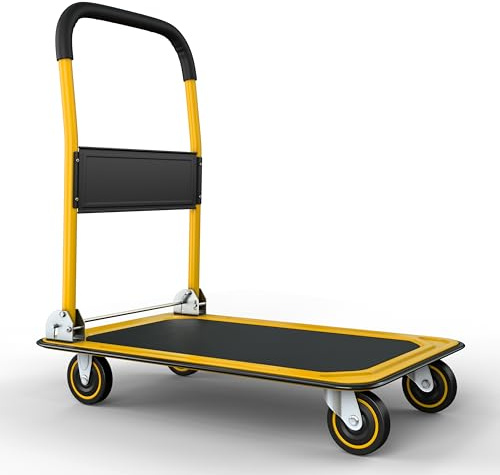 Heavy Duty Foldable Push Cart Dolly | 330 lbs. Capacity | Upgraded Collapsible Hand Truck Folding Platform with Swivel Wheels | Flat Bed Moving Wagon | Space Saving Push Handle (Yellow)