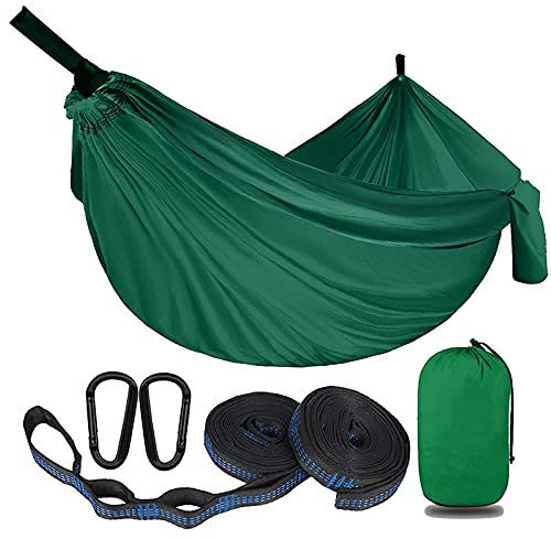 PRELGOSP Camping Hängematte Outdoor, Leichte Reisehängematte bis 2 Personen 200kg Traglast, Atmungsaktiv Doppelhängematte für Trekking, Survival, Garten,Dark Green