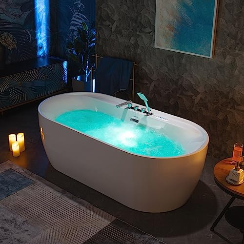 WOODBRIDGE 72 x 35-3/8 Whirlpool and Air Bath Heated Soaking Combination Tub with Adjustable Speed Air Blower, Tub Filler and Display Control Panel, White, BJ500+F0041CH