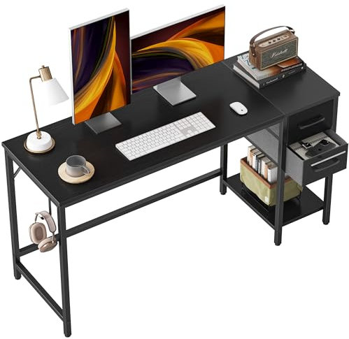 CubiCubi Schreibtisch mit 2 Schubladen und Kopfhörerhaken, 140×50×75cm Kleiner Computertisch, Bürotisch, für Arbeitszimmer, Schlafzimmer, Metallgestell, Schwarz