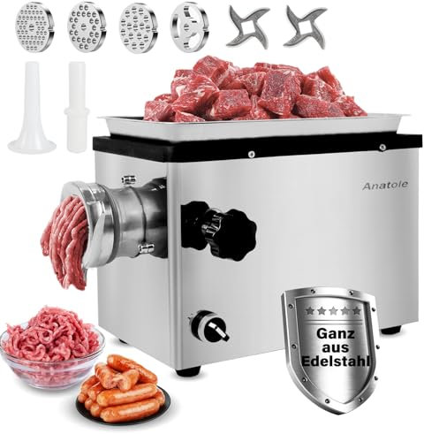 Anatole Fleischwolf Elektrisch Edelstahl Integral 1100W Profi Hackfleisch Maschine Multi Wurstmaschine mit 6/8/10mm/3-Loch Schleifplatten 1 Wurstfüller 2 Klingen für Restaurant Spülmaschinenfest 220V