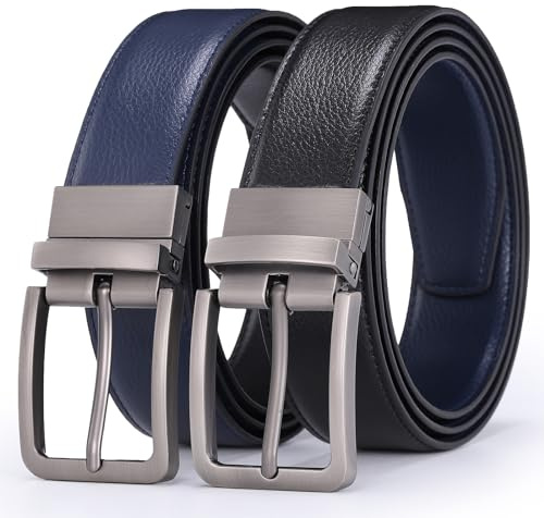 Glamicci Ceinture réversible en cuir véritable | Réglable et ajustée | Design élégant 2 en 1 pour homme et femme | 33 à 34 mm de large | Robe polyvalente et décontractée, noir/bleu, Large: Up to 40”