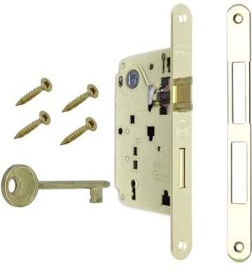 AGB - Serratura Porta Interna Serie CENTRO. (Fr. 22x196, In. 90, En. 50, Qu. 8., CATENACCIO CHIAVE, OTTONE VERNICIATO)