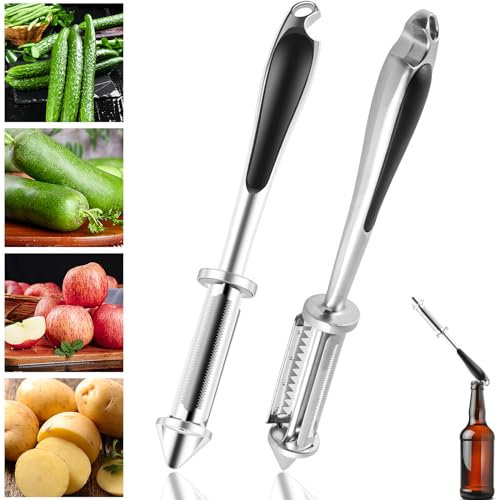Pelador de verduras 5 en 1, pelador de verduras y frutas, multiusos para verduras, abrebotellas, utensilio de verduras con mango ergonómico antideslizante para pepinos, pepinos, zanahorias (2