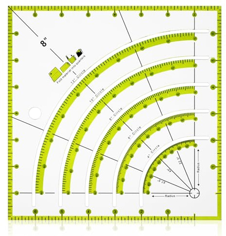 Nogeqi 8 Inch Acrylic Fabric Ruler, Dual Purpose Measuring Arc Guide Cutting Square, Multifunctional Arcs Stripology Ruler for Quilting, Sewing, Crafts, Pattern Making (1 Pcs)