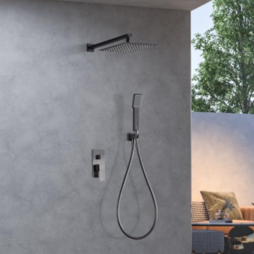 Imex Unterputz Duschsäule ohne Wasserhahn | Duschset mit Handbrause und Schlauch | Mischbatterie mit Regenbrause | Durchflussmenge 12 l/min | Serie Pisa | Farbe Black Gun Metal