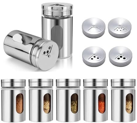NIYATA 7 Stück Gewürzgläser mit Streueinsatz Rund,8CM Gewürzdosen Edelstahl,3 Streugrößen,Mit 1 Schwamm-Reinigungsbürste,Küchen Organizer,für Gewürze & Kräuterdosen(Silber)