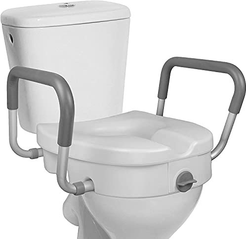 CRBUDY Robuster Duschstuhl mit Rückenlehne und Armlehnen, Toilettensitzerhöhung – 5 Zoll erhöhte Stufe mit verstellbaren, gepolsterten Armlehnen – Toilettensicherheitssitz für längliche o