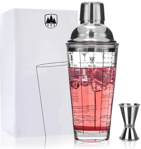 Raisaplin - Coctelera de vidrio con recetas en el lateral, vaso de cristal para hacer cócteles de Martini de 14 onzas con medidor de doble cara y tapa de acero metálico a prueba de fugas y colador