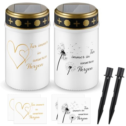 Nezyo 2 Pezzi Candele Solari per Cimitero da Esterno Lampada Commemorativa Solare Lampada da Tomba Luci per Tomba Candele Cimiteriali Impermeabili (Bianco, Dente di Leone e Cuore)