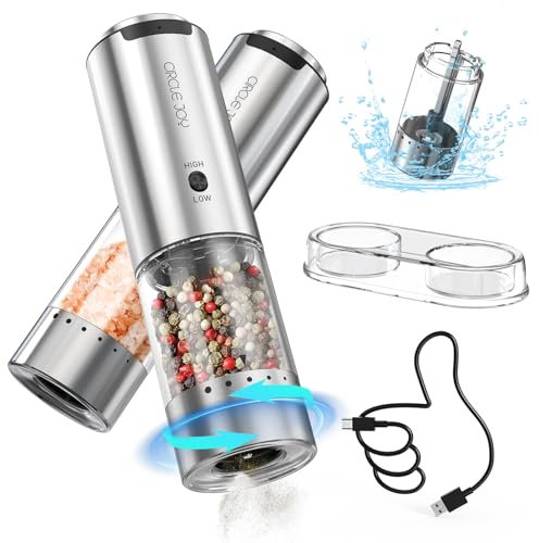 CIRCLE JOY Juego de Molinillos de Pimienta Eléctrico de Acero Inoxidable con Base, Recipiente de 95ml, Luz LED Blanca, Grosor Ajustable Externo y 2 Velocidades de Molienda Ajustables, Plata