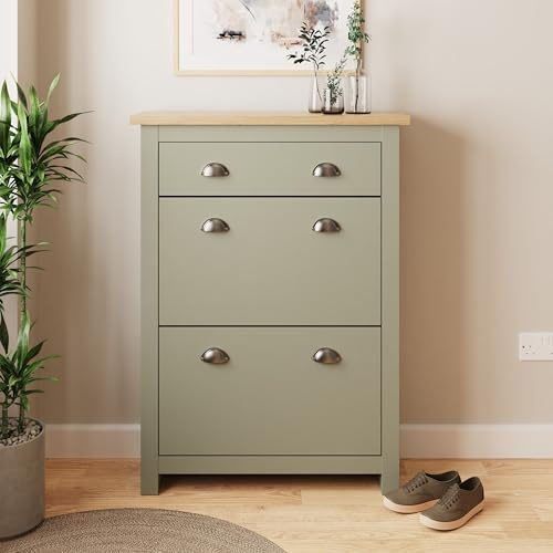 GFW Lancaster Shoe Cabinet with Oak Effect Top, 2 Flip Drawers, Slim Shoe Storage Unit for Hallway, Entryway & Living Room, White | graded