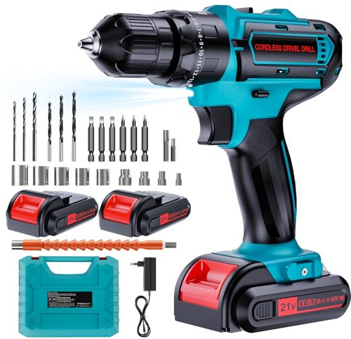 Olubfdh Perceuse Visseuse Sans Fil, 21V Visseuse Devisseuse avec 2 Batteries, 45Nm Perceuse Percussion, 25+3 Réglages de Couple, 10mm Métal Mandrin Verrouillage, 2 Vitesses, LED Light