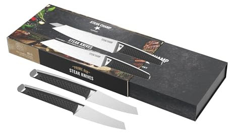 Steakchamp Set di Coltelli Prime Rib: Coltelli da Carne in Acciaio, Manici Antiscivolo, Design Elegante, Lama di 12,5 cm, Ideale per Filetti, Ribeye e Bistecche, Include Scatola Regalo, 4 Pezzi
