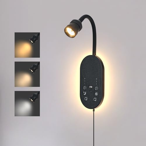 MOLUOLA LIGHTING Wall Reading Light, LED Book Lights for Reading at Night, Wall Lamp with 3 Color Temperature & Timers, Adjustable Gooseneck Headboard Plug in Wall Sconce with USB C+A Ports