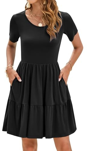 AUSELILY Robe d'Été Femme Robe Décontractée de Plage Robe T-Shirt Élégante avec Ourlet Volant Manches Courtes et Poches Noir M