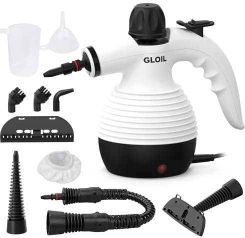 GLOIL Pulitore a vapore portatile, pulitore a vapore domestico, pulitore a vapore multiuso con 10 accessori per tappeti, tende, divani, cucine, bagni e molto altro ancora. (Bianco Chiaro)