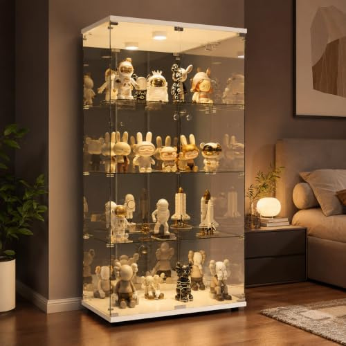 Vitrina de vidrio con iluminación LED - Vitrina espejo - Vitrina moderna de pie para salón, oficina, sala de colección, libros, vino (4 niveles, 2 puertas + LED efecto espejo, blanco)