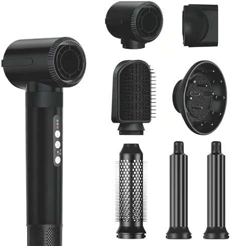 7 in 1 Heißluft-Styler, 110000 U/Min Hochgeschwindigkeits-Negativionen-Haartrockner, Multifunktionaler Hairstyler mit 7 Aufsätze, Lockenstab Automatisch, Zum Styling, Locken (Schwarz)