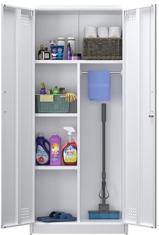 SUPEER Besenschrank mit Belüftung & Magnetverschluss,Mehrzweckschrank,Stabiler Stahlschrank für Staubsauger, Putzmittel, Wäsche und Haushaltszubehör|70x30x165 cm|Weiß