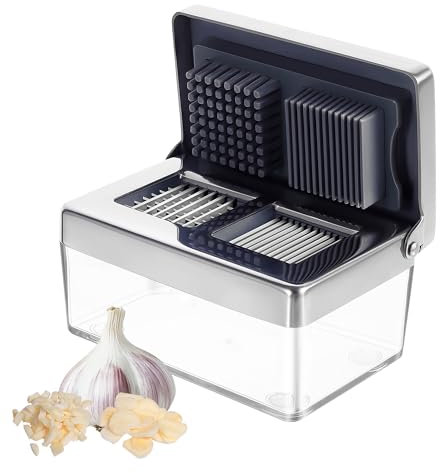 Prensa de ajos de acero inoxidable, mini picadora de ajo y rebanadora de ajo superfina 2 en 1, picadora de jengibre sin olor con recipiente de almacenamiento, mini picadora apta para lavavajillas