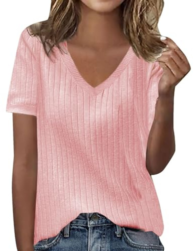 SHOBDW Women's Spring/Summer V Neck Solid Color Base Thin Striped Strip Short Sleeved T Shirt Manga Larga Mujer Blusas De Algodon Camisetas Colores Blancas Largas Blusa Lino Sin Mangas Camiseta