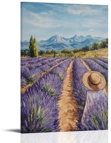 YMHDJYH Lavendelfelder, die sich bis zum Horizont in Südfrankreich erstrecken, eine einsame Figur mit Strohhut und Korb, Wandkunst, Wandkunst, Wandbild, moderne Dekoration, hängende Kunstposter, 30 x