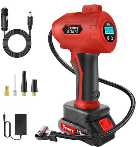 21V Cordless Tire Inflator Air Compressor, 180PSI Portable Handheld Air Pump with Digital Pressure Gauge, Rechargeable Battery Powered Fast Inflation for Cars, Motorcycles, Bikes & Sports Balls, Red