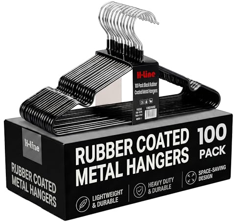 H-line Metal Hangers Rubber Coated 100 Pack Heavy Duty Strong Clothes Space Saving Organiser Hangers For Wardrobes Coat Rack Rails & Closet Thin and Non-Slip Clothing Hanger (Black)