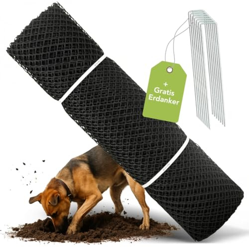 Florade Rejilla de césped de 1,3 m de ancho – Rejilla contra perros excavación – Malla de plástico HDPE para refuerzo de césped – Malla de 30 mm – 600 g/m² – Flexible – Longitud: 10 m + 30 anclajes