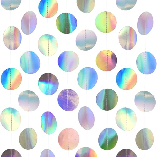 Ferizzia 52 Ft Runde Papier Girlande, Hängende Iridescent Runde Garland, Bunt Glitzer Papier Circle Dots Girlande, Glitzer Kreis Banner, für Geburtstag, Party, Weihnachten, Jubiläen, Hochzeiten