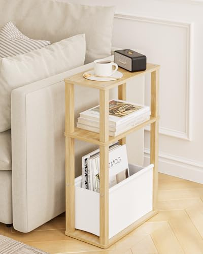 Apetaccat Beistelltisch Schmal mit Stauraum, Schmale Beistelltisch mit Beutel, 3-stufiger schmale Nachttisch, Kleiner Couchtisch für kleine Räume,Schlafzimmer,Wohnzimmer,Büro(Eiche)