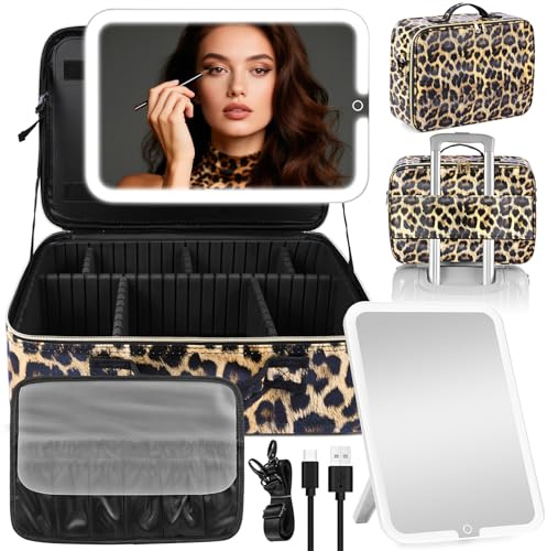 15''X11'' Makeup Bag with Removeable Lighted Mirror, Travel Makeup Case with 3 Color Lights Dimmable Brightness, Large Capacity Cosmetic Organizer Case with Detachable Dividers & Shoulder Strap