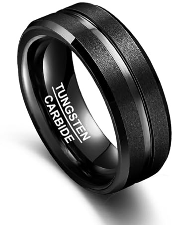 Vakki Herren Ringe 8mm Schwarz Wolfram Ring Einfache Eheringe mit Rille für Männer Größe 54.4(17.3)
