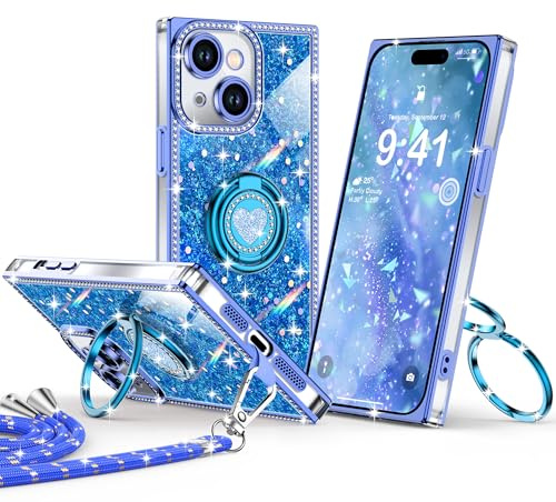 XYZ Luxus Glitzer Hülle für iPhone 15 mit Band & Herz Ringhalter – Bling Strass Diamant Handyhülle mit Ständer – Stoßfeste Schutzhülle für Damen & Mädchen, Blau