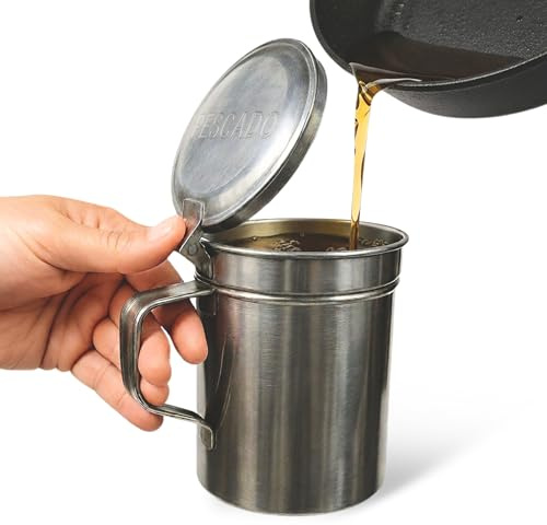 CHEFZOCO Grasera de Pescado, Aceiteras para Aceite Usado, Recipiente Aceite con Filtro Metálico, Apto para Aceite Caliente, Conserva el Aceite sin impurezas, Capacidad 550 ml, Acero Inoxidable