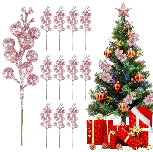 GTYARYUA Bayas Navidad, 12 Piezas Tallos de Bayas Artificiales con Purpurina, Decoracion Arbol de Navidad, Ramas Navideñas, Acebo Bayas Ramas, para Árboles de Navidad, Invierno, Bodas (Rosa)